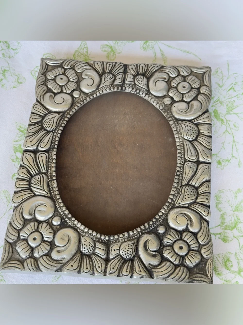 Vintage Pewter? Metal Picture Frame w Ornate Floral & Scroll Repoussé Motif